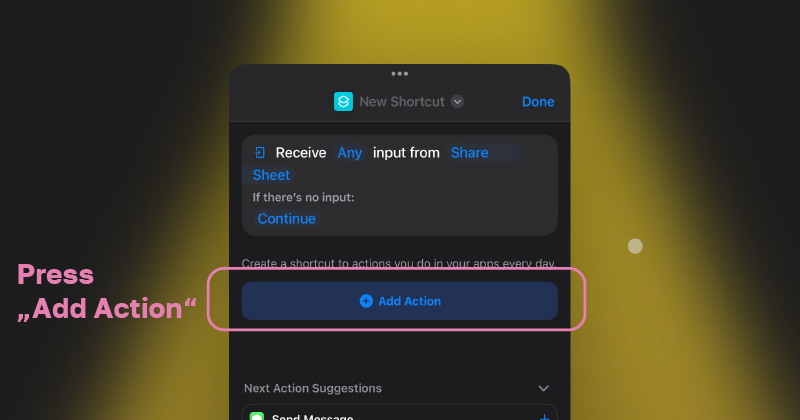Screenshot of New shortcut editor with the first block Receive any input from share sheet