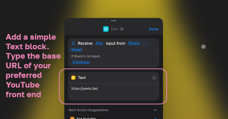 A screenshot of the shortcut editor with a text block containing the URL https://yewtu.be/