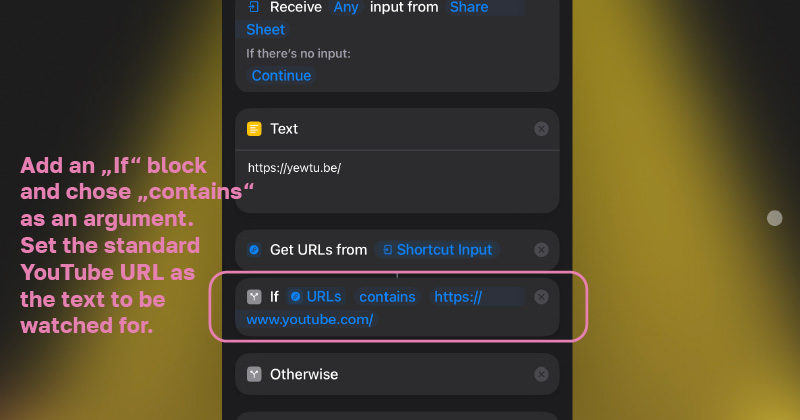 An If-block with the condition 'contains' and the URL https://www.youtube.com/