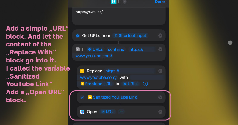 A new textblock called sanitized YouTube link follwed by a Open URL block