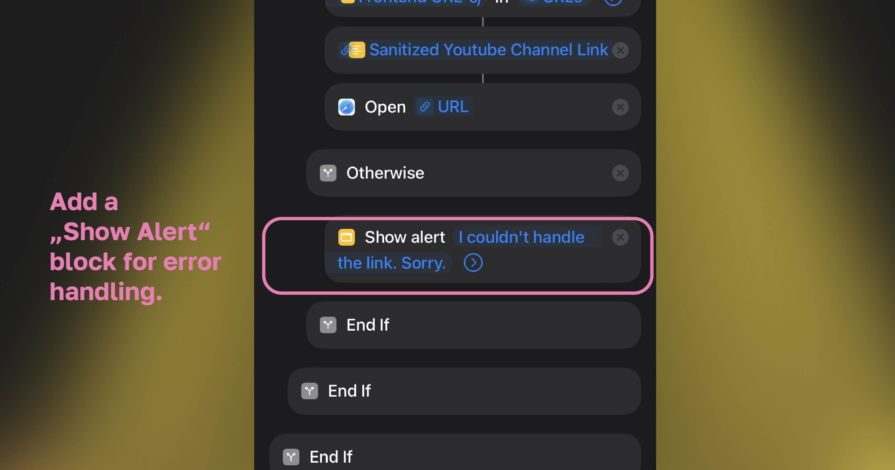 The last block is a simple alert block to display an error if the shortcut does not manage to parse the URL