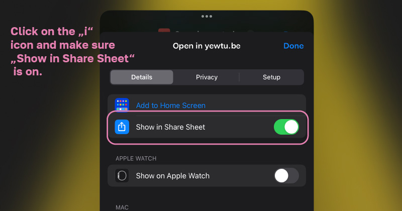 The toggle 'show in share sheet' is in an active position.