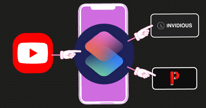 A flat graphic showing a YouTube icon. A finger points to an iPhone with the Shortcuts App icon on top. Two fingers point from the Shortcuts App icon to an invidious logo in a box and a piped logo in a box. The background is dark